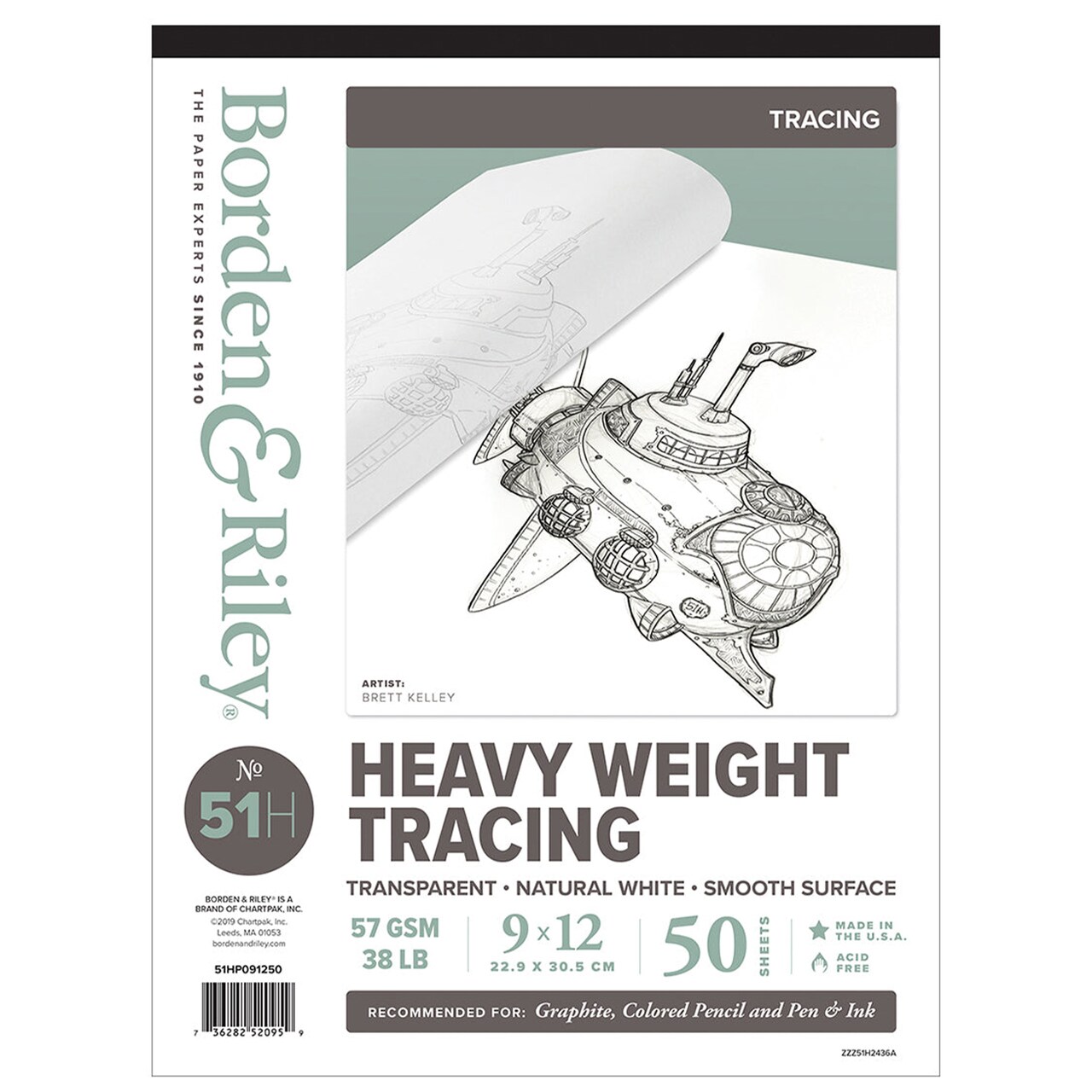 Borden & Riley #51H Monroe Triple T Parchment Tracing/Heavy Paper Pad, 57 GSM/38 lb., 50 White Sheets, 1 Pad Each